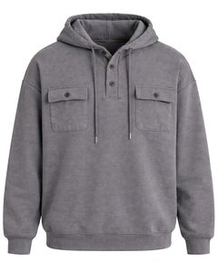 Sweat à capuche gris pour homme avec patte de boutonnage, double poche poitrine, style streetwear décontracté, fabricant OEM personnalisé - Product Image 1