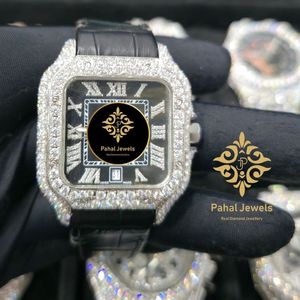 Montre mécanique à cadran carré, lunette sertie de strass, chiffres romains, boîtier en acier inoxydable, bracelet en cuir véritable, verre saphir, style hip-hop - Product Image 1