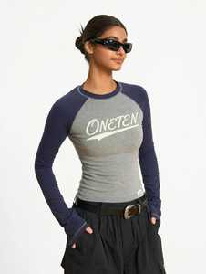 Haut décontracté pour femme Oneten, imprimé color block, manches raglan trois quarts, coupe ample, col rond, séchage rapide, 100 % polyester - Product Image 1