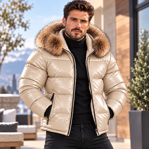 Men's Elegant Premium Leather Puffer Leather Jacket <b>Fox</b> <b>Fur</b> Hood | Piumino Lucido Uomo | Chaqueta Brillante | Doudoune Brillante - Product Image 1