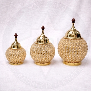 Pot Matki en laiton antique et cristal, fait main, forme géométrique, motif paon, plusieurs tailles, décoration de luxe pour la maison, conteneur de rangement, cadeau - Product Image 3