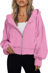 Sudadera Rosa Corta con Capucha y Cremallera, de Color Liso, Manga Larga, de Forro Polar, Casual, Tallas Grandes, Top de Otoño para Mujer - Product Image 2