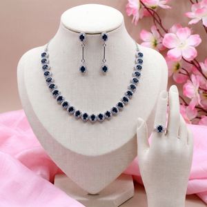 925 Sterling Silver London <b>Blue</b> <b>Topaz</b> & Cubic Zircon Jewelry Set | Necklace <b>Earrings</b> Ring Set for Women Bridal Party - Product Image 1