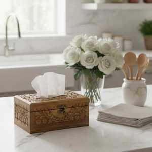 Wooden Carved Floral Pattern Engraved Design Premium Handmade Fashionable Tissue Box Holder for Living Room <b>Table</b> Decor Tradebyd - Product Image 1