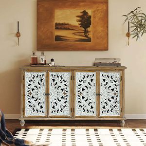 Armadio moderno di accento della fattoria con 4 porte floreali intagliate in legno Credenza di stoccaggio per soggiorno ingresso cucina corridoio - Product Image 1