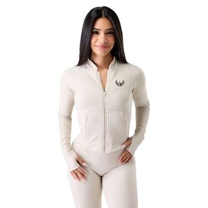 Women's Beige Full Zip Sports <b>Jacket</b> Long Sleeve Lightweight Stretch Gym <b>Workout</b> Running Yoga Fitness Activewear <b>Jacket</b> - Product Image 1