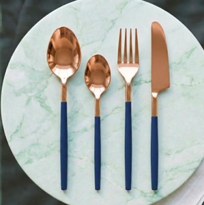 Ensemble de couverts plaqués or rose avec manches bleus, design moderne, passe au lave-vaisselle, cuillère, fourchette, couteau, service de table, ensemble de 4 - Product Image 4