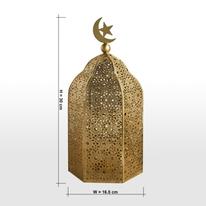 Exquisite <b>Gold</b> Metal Moroccan <b>Lantern</b> with Crescent Moon Top Intricate Cutwork Candle Holder for Ramadan Home Decor - Product Image 3