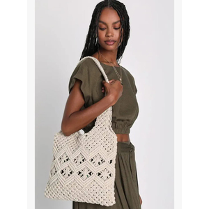 Bolso de Mano Tejido a Mano, Ecológico, de Algodón Suave, con Diseño a Rayas, Asas de Borlas, Impermeable, para Mujer, Playa o Mercado - Product Image 5