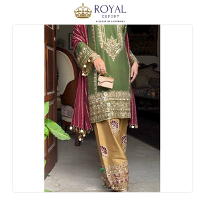 Magnifique collection de vêtements indiens de créateurs, ensemble Sharara en soie naturelle lourde avec broderie de sequins pour les mariages - Product Image 3