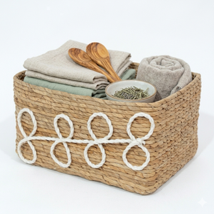 Handmade Natural Water Hyacinth Woven <b>Storage</b> <b>Basket</b> with <b>White</b> Rope Pattern Decorative Woven Rectangular Organizer High Quality - Product Image 4