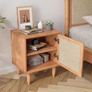 Solid Wood Rattan Caning One Door Two Compartment <b>Bedside</b> <b>Table</b> Natural Cane Cabinet Wooden Stand Bedroom Living Room Furniture - Product Image 2