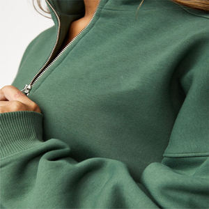 Womens Quarter Zip Fleece Sweatshirt Slouchy Drop Shoulder Plain Forest Green Pullover - Product Image 5