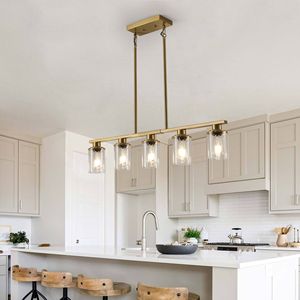 Moderno lampadario a sospensione a 5 luci in vetro trasparente con struttura in metallo dorato lampada a soffitto sospesa per sala da pranzo - Product Image 1