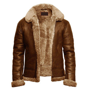 Veste en cuir véritable marron pour homme Salva Leather, style streetwear, doublure en sherpa, fermeture éclair, col montant, coupe régulière, coupe-vent, hiver, logo. - Product Image 3