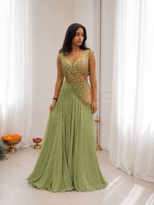 <b>Green</b> Beaded Lehenga Choli Sleeveless Embroidered Indian Wedding Party Dress <b>Net</b> Skirt Banarasi Style Festival Wear - Product Image 1