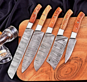 Juego de Cuchillos de Chef de Acero de Damasco de Alta Calidad, 5 Piezas, OEM/ODM, Personalizables, Hojas con Borde Biselado y Punta Caída, Mangos de Madera de Olivo, 3 Años de Garantía - Product Image 2