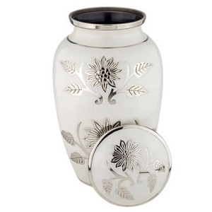 Urna Funeraria Blanca de Lujo al por Mayor con Decoración Floral Plateada Hecha a Mano, Urna Conmemorativa Decorativa para Cenizas de Adultos - Product Image 2