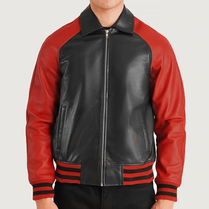 Men's Black <b>Red</b> Color Block Genuine Leather Eco-Friendly Winter Bomber <b>Jacket</b> Breathable <b>Waterproof</b> Windproof Moto Biker Style - Product Image 1