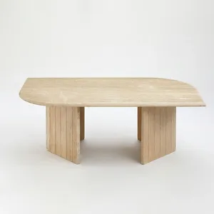 Table basse vintage en cuir avec plateau asymétrique en pierre de travertin beige et pieds en dalles cannelées, meuble de salon moderne, décoration - Product Image 6