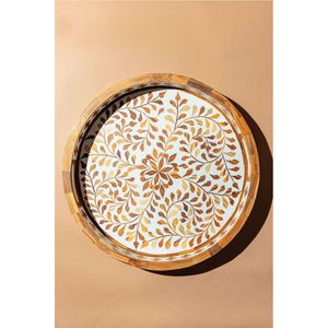 Plateau de service rond en bois avec incrustation émaillée, assiette décorative en bois pour hôtel et restaurant |   Plateau en bois de manguier à motif floral - Product Image 1
