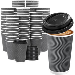 Confezione da 500 Bicchieri da Asporto per Caffè da 16 oz, Isolati, Usa e Getta, con Coperchi, Parete Ondulata - Product Image 1