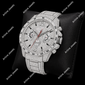 Reloj de hombre en tono plateado con incrustaciones de piedras brillantes, estilo cronógrafo, reloj de lujo para fiestas. - Product Image 3