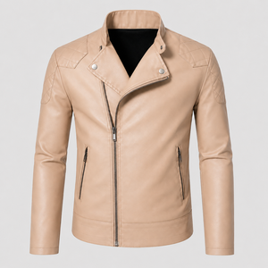 Chaqueta de Motocicleta de Cuero para Hombre de Alta Calidad, con Detalles en Lona, Impermeable, Resistente al Viento, Acolchada, con Bolsillos con Cremallera en los Hombros, Corte Regular - Product Image 1