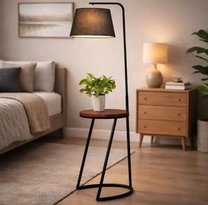 Modern Iron Floor Lamp with Wood Table Top Black Fabric Drum Shade Adjustable <b>Standing</b> Light for Bedroom - Product Image 1