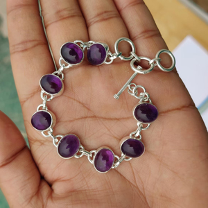 Bracelet ajustable en argent sterling 925 avec améthyste violette naturelle, bijou en pierre précieuse naturelle, bracelet de créateur pour femme et homme - Product Image 1