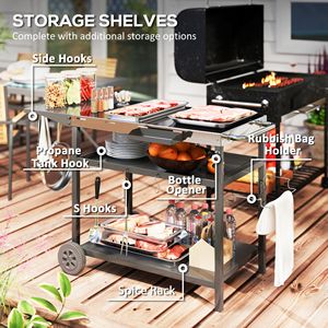 Carrello da portata per barbecue in acciaio inossidabile con ganci per piano di lavoro e vano portaoggetti - Product Image 6