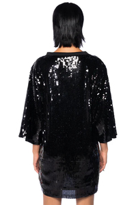Chemise en velours noire surdimensionnée brodée de paillettes, manches trois quarts, sans col, vêtements d'hiver pour hommes - Product Image 3
