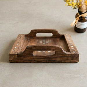 Bela Artisan Handcrafted Wood Serving Tray with Handle Decorative Floral Design White Inlay-<b>Coffee</b> <b>Table</b> Use Wedding Diwali Gift - Product Image 2