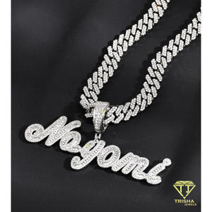 Moissanite Diamond Iced Out <b>Name</b> Pendant Necklace With Cuban Link Chain Personalized Cursive <b>Letter</b> Design - Product Image 6