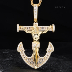 Pendentif Crucifix Ancre en Moissanite Sertie à la Main, Argent 925, Moissanite Baguette VVS, Pendentif Croix Hip Hop, Bijoux Streetwear Iced Out - Product Image 1