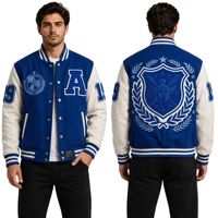 Veste de sport style Letterman vert forêt 100% laine, manches crème, col montant en tricot côtelé rayé, tenue athlétique classique