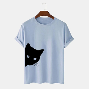 เสื้อยืดแขนสั้นสีขาวสำหรับผู้ชาย พิมพ์ลายแมวดำ คอกลม ทรงปกติ ผ้าคอตตอนเจอร์ซีย์ ระบายอากาศได้ดี รับผลิตแบบ OEM - Product Image 5