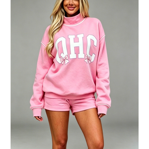 Women's Embroidery Oversized Mockneck Sweatshirt Heavyweight Long Sleeve Shorts Custom Logo Casual Streetwear Winter Autumn - Product Image 5