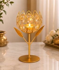 Luxury Gold Crystal Lotus <b>Tealight</b> <b>Candle</b> Holder Decorative Metal <b>Candle</b> Stand Elegant Home, Wedding, Diwali & Table Centerpiece - Product Image 2