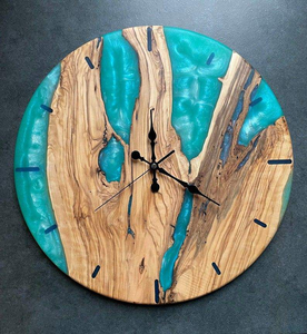 Olive Wooden and Epoxy Resin Quartz <b>Wall</b> <b>Clock</b> Coastal Design Personalized <b>Clock</b> with Golden <b>3D</b> Numerals and Silent Operation - Product Image 6