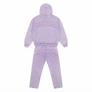 Ensemble survêtement streetwear personnalisé pour femme, comprenant un sweat à capuche oversize violet délavé avec fermeture éclair et un pantalon de survêtement large en molleton de coton, OEM ODM - Product Image 3