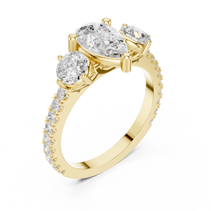 Bague de fiançailles en or jaune avec trois diamants taille poire pour femme, bague pavée pour mariage, promesse ou anniversaire - Product Image 3
