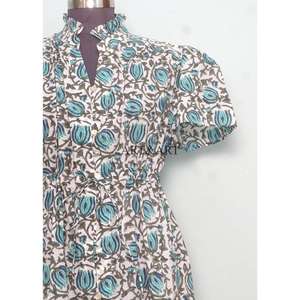 Women's Midi Soft Pure Cotton Sweet Hand Block Floral Print Minimalist Casual Party Wear Formal Bridesmaid <b>Dress</b> - Product Image 3