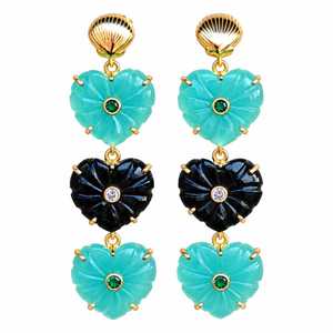 Boucles d'oreilles pendantes en chalcédoine aqua et onyx noir sculptées en forme de cœur avec accent en micro-cz, plaquées or 18 carats, bijoux de soirée - Product Image 4