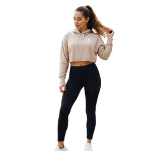 Women's Beige Cropped Hoodie & <b>Black</b> High Waist <b>Leggings</b> Two Piece Activewear Workout Set - Product Image 3