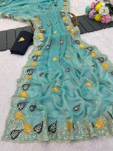 Saris indiens traditionnels en satin Fandy pur et doux avec des sequins étonnants et un travail multi-fils, et un chemisier en soie de Bangalore richement brodé. - Product Image 5