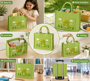 กระเป๋าโท้ทลายไดโนเสาร์สีเขียว ขนาด 28x23 ซม. ทำจากผ้าปอกระเจา พร้อมหูหิ้วแบบยาว มีช่องด้านใน เหมาะสำหรับงานแต่งงานและใส่ของชำ - Product Image 4