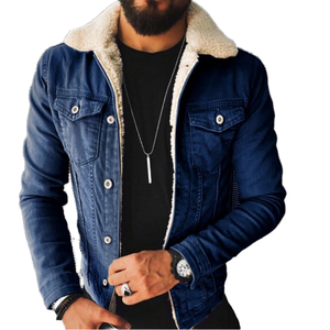 Veste en jean bleu foncé pour homme avec doublure en coton, col rabattu, style décontracté d'hiver, coupe ajustée, finition délavée, patchwork imperméable - Product Image 5