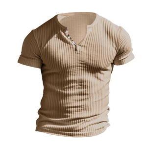 เสื้อยืดเฮนลีย์คอกลมทรงเข้ารูปสำหรับผู้ชาย ผ้าฝ้าย 100% ลำลอง ใส่สบายสำหรับฤดูร้อน แขนสั้น สีพื้น - Product Image 4