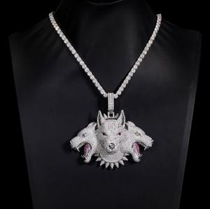 Collier pendentif loup à trois têtes de luxe, serti de moissanite, bijoux animaliers hip-hop, pendentif personnalisé - Product Image 2